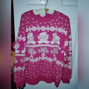 Vintage Puffy Paint 3D Teddy Bear Pink White All Over Womens Sz L 80s Valentines